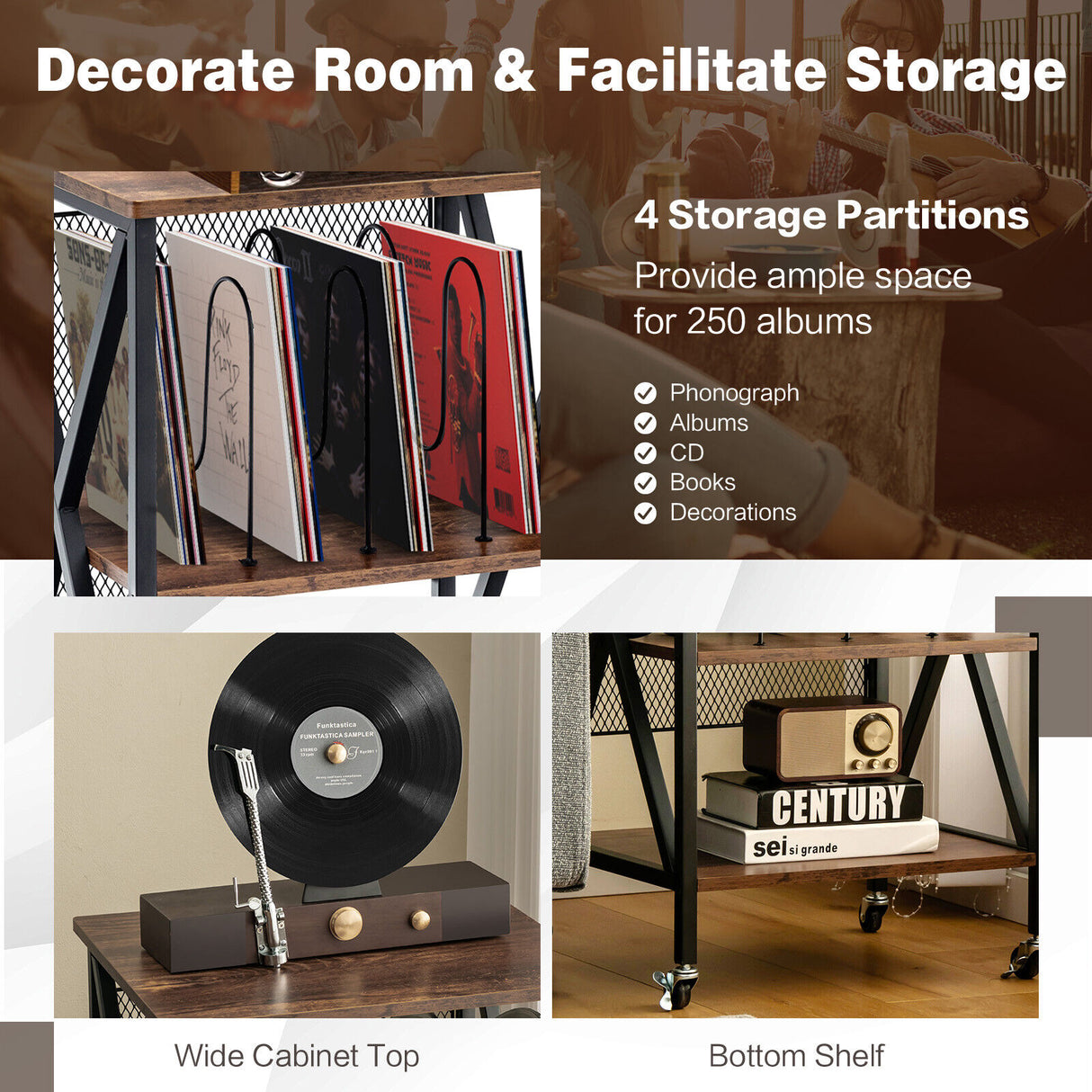 3 Tiers Vintage Style Rolling End Table with 3 Dividers for Albums-Brown