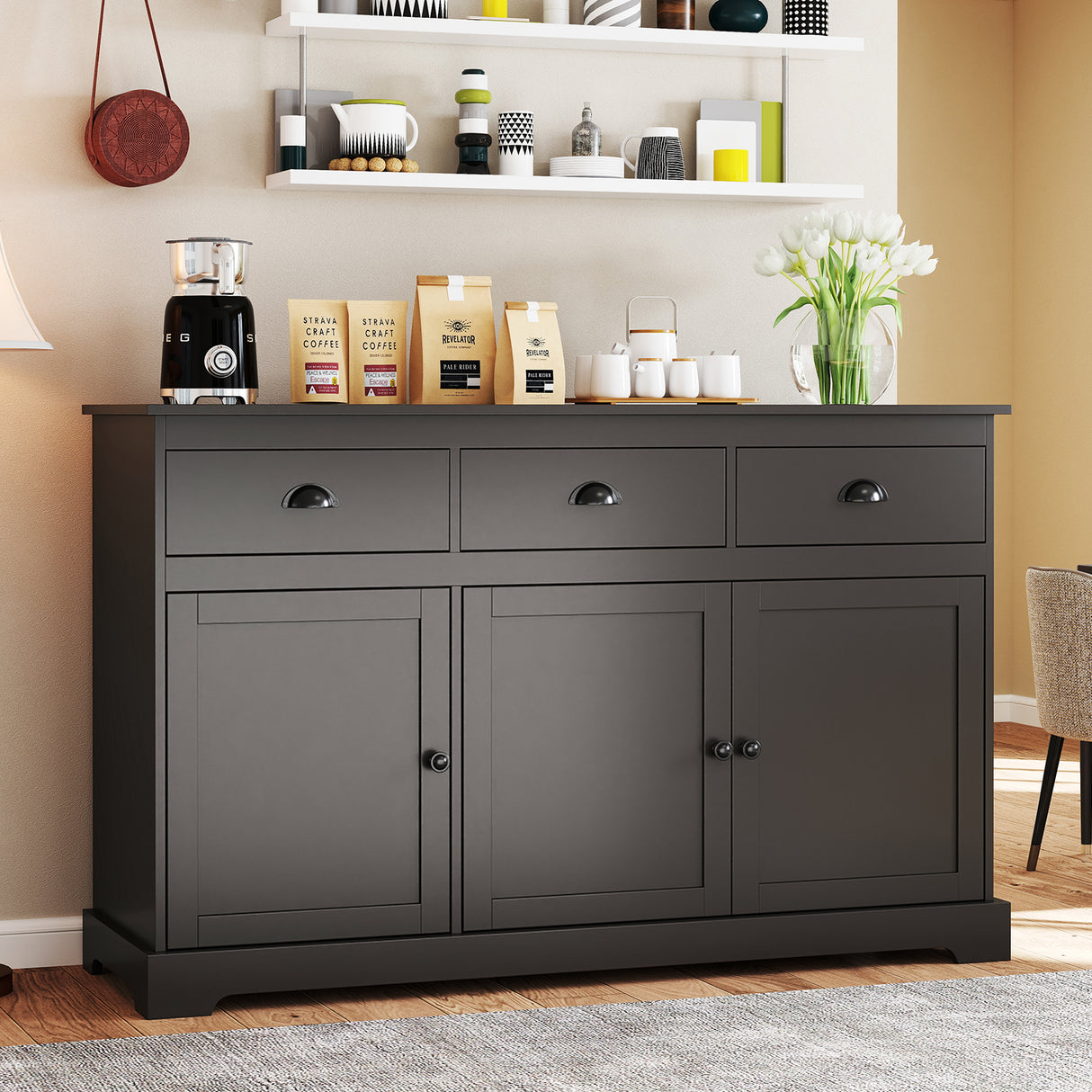 3 Drawers Sideboard Buffet Storage with Adjustable Shelves