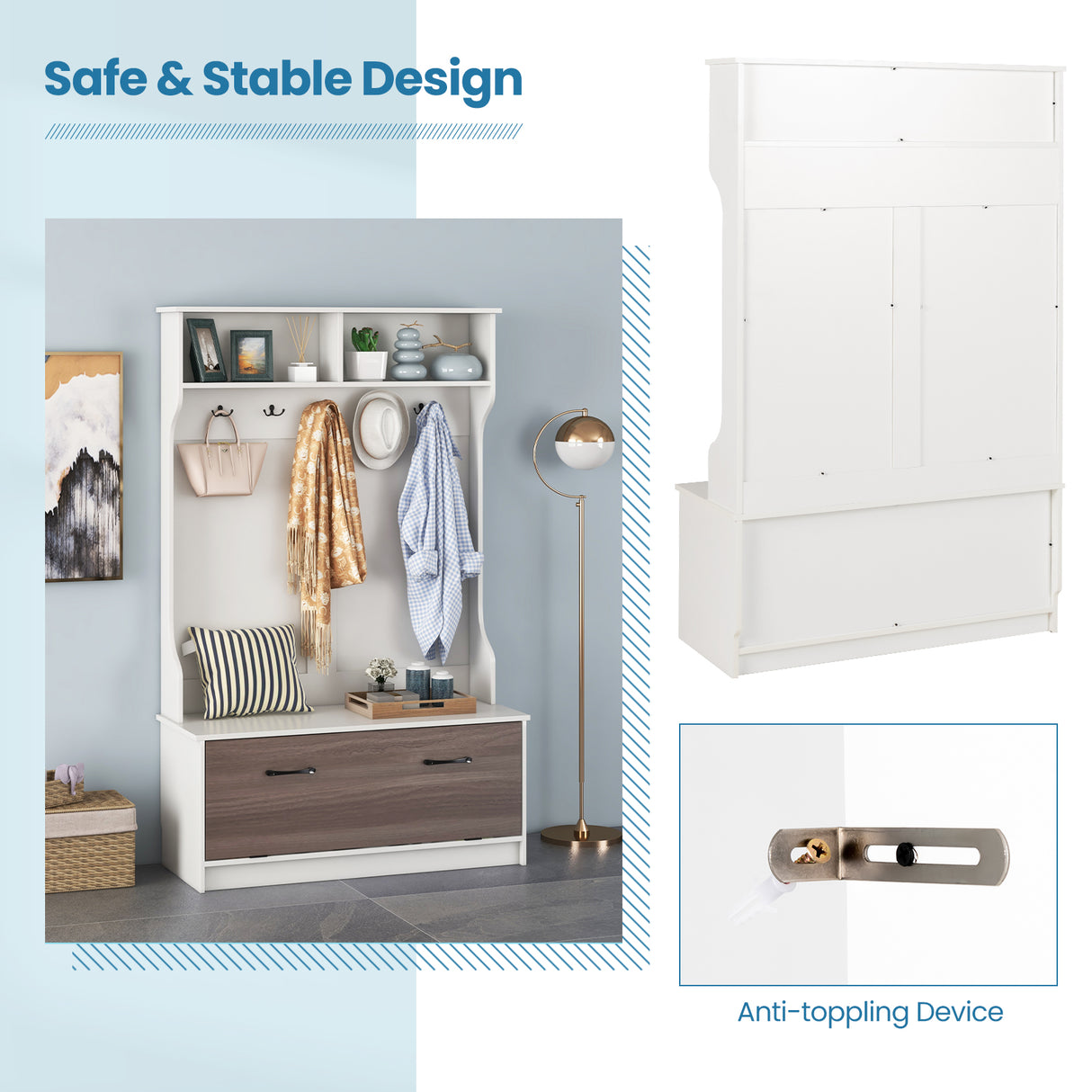 3 in 1 Coat Rack with Entryway Bench and Hooks and Enclosed Cabinet
