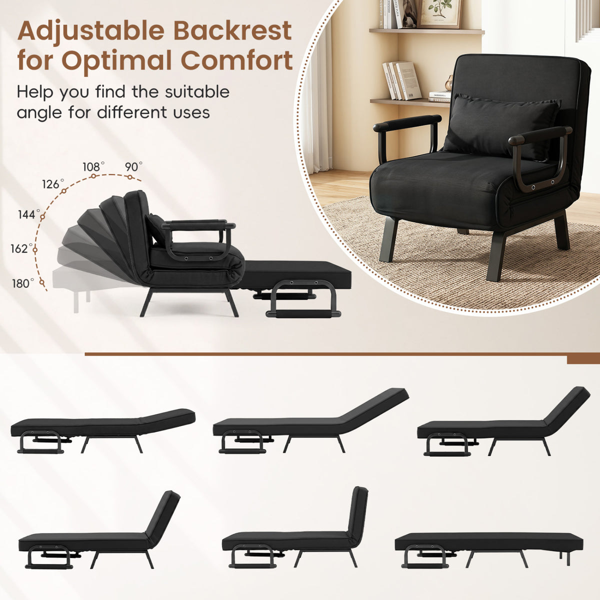 3-in-1 Folding Sofa Bed with Adjustable Backrest Comfy Cushion and Hidden Metal Legs