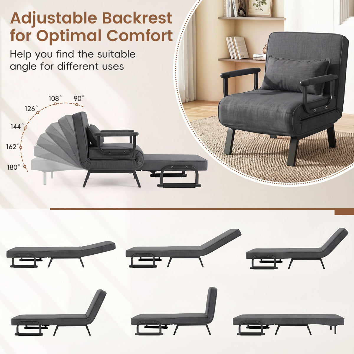 3-in-1 Folding Sofa Bed with Adjustable Backrest Comfy Cushion and Hidden Metal Legs
