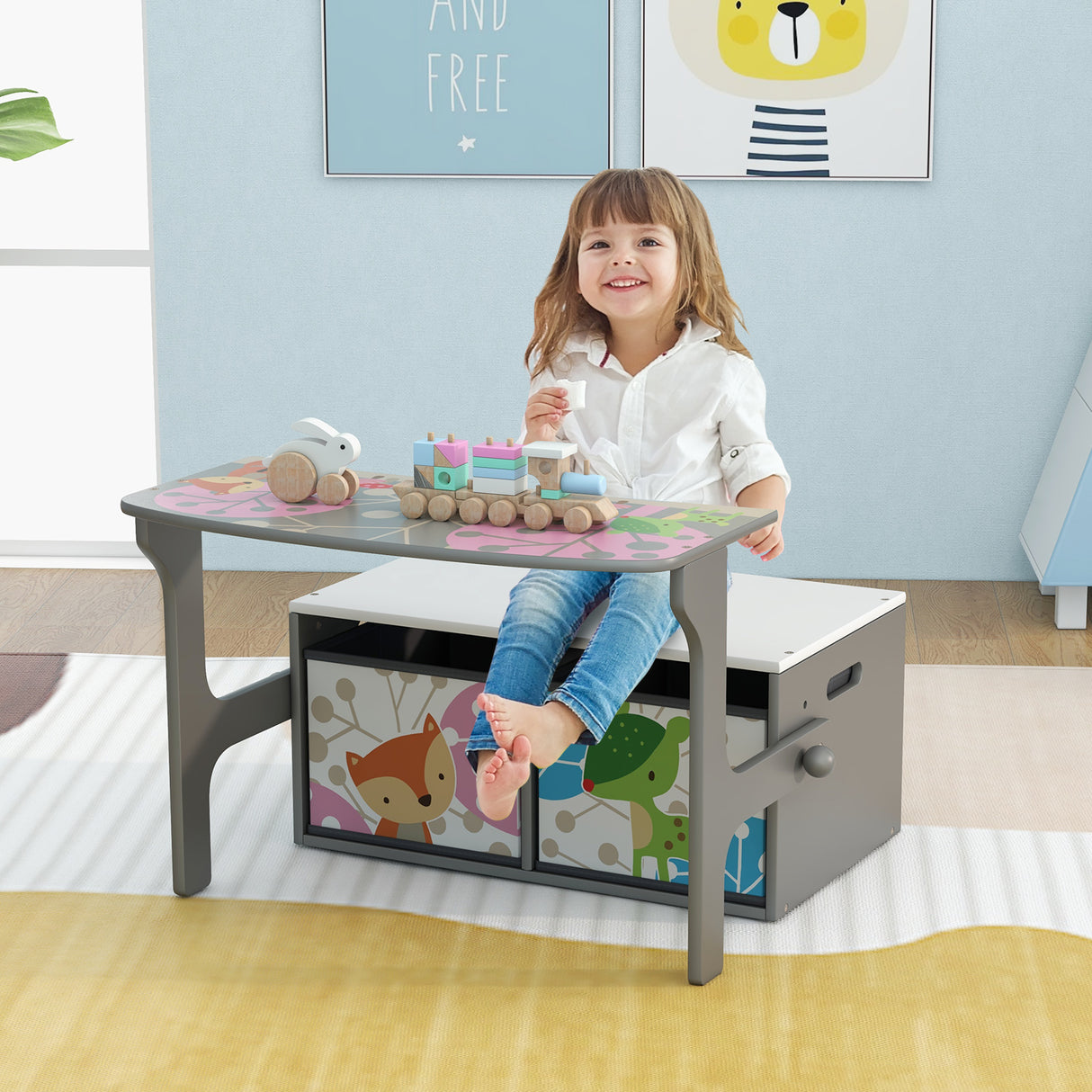 3 in 1 Kids Convertible Activity Bench with 2 Removable Fabric Bins