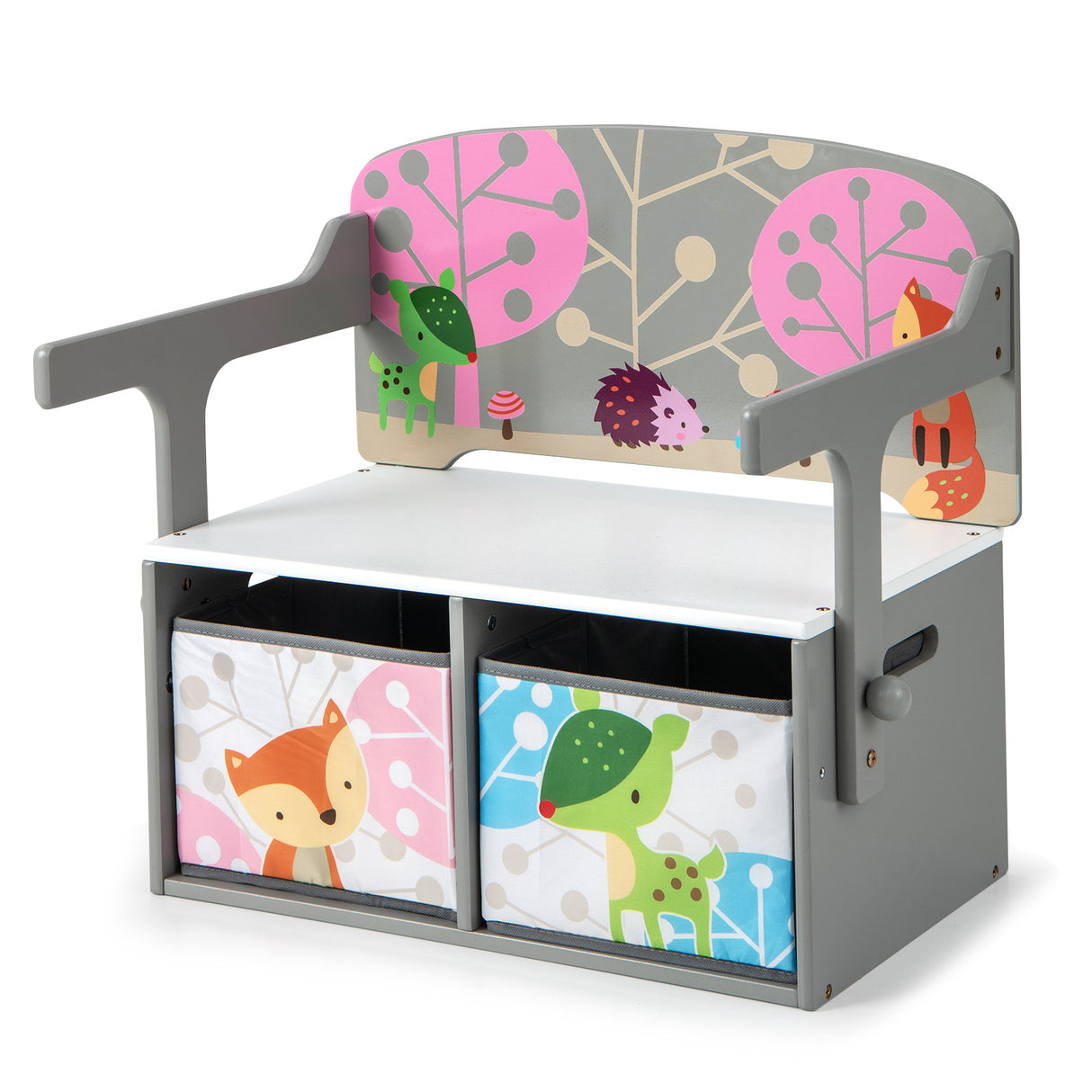 3 in 1 Kids Convertible Activity Bench with 2 Removable Fabric Bins
