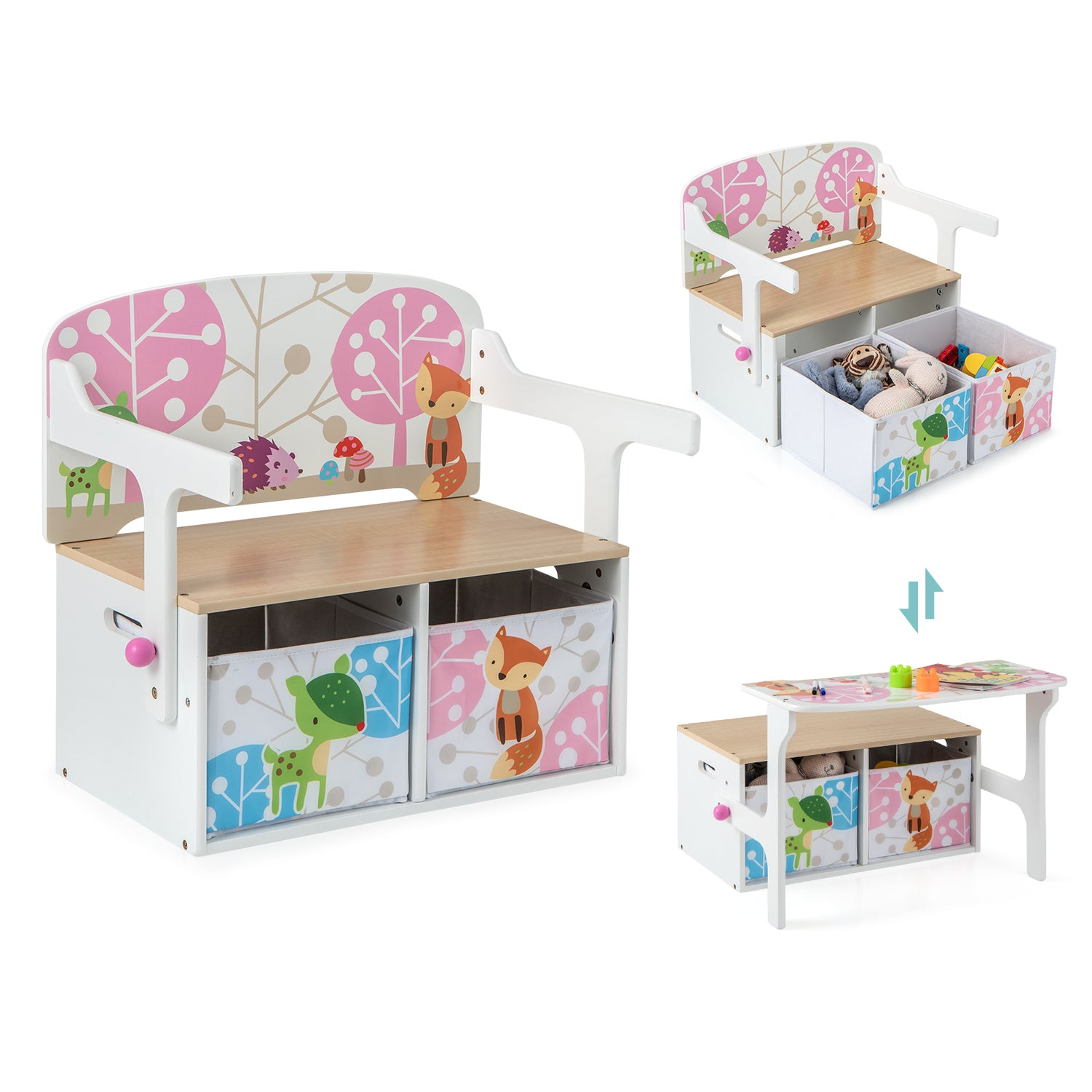 3 in 1 Kids Convertible Activity Bench with 2 Removable Fabric Bins