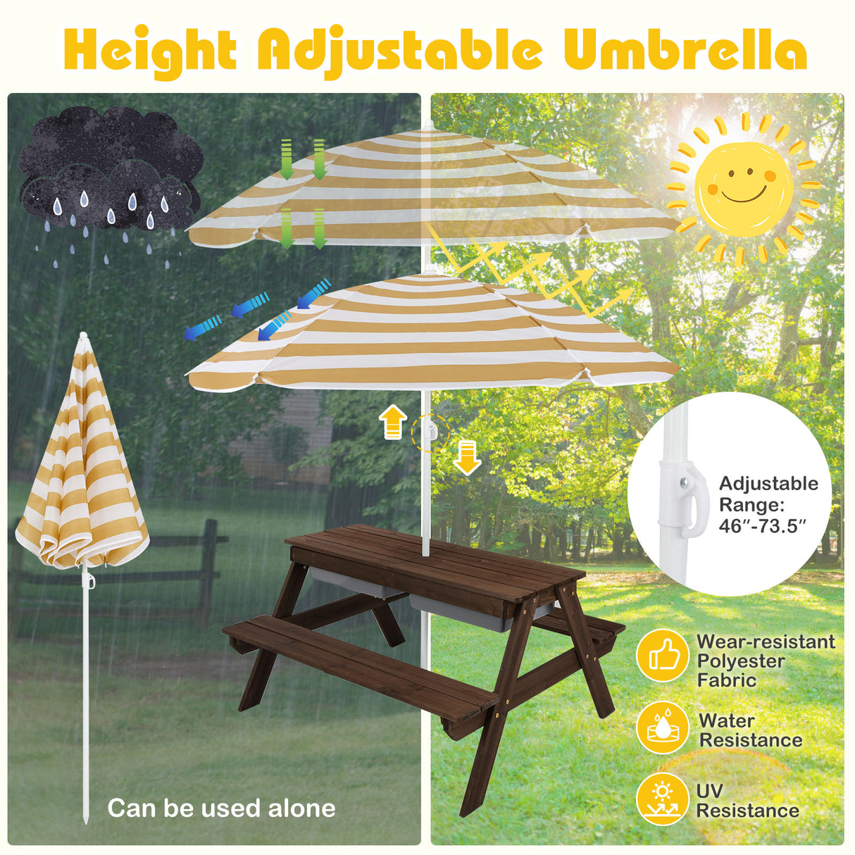 3-in-1 Kids Outdoor Picnic Water Sand Table with Umbrella Play Boxes