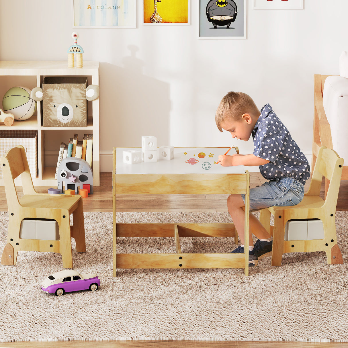 3 in 1 Kids Table and Chair Set with Removable Tabletop and 2 Storage Drawers