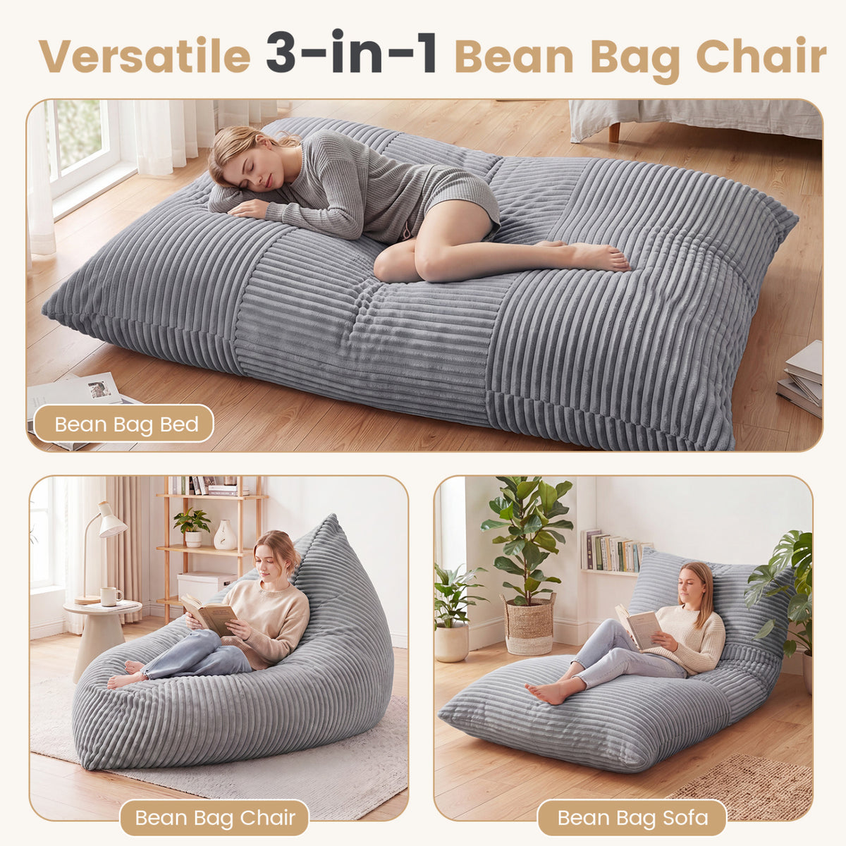 3-in-1 Large Bean Bag Chair with Comfy Corduroy Fabric