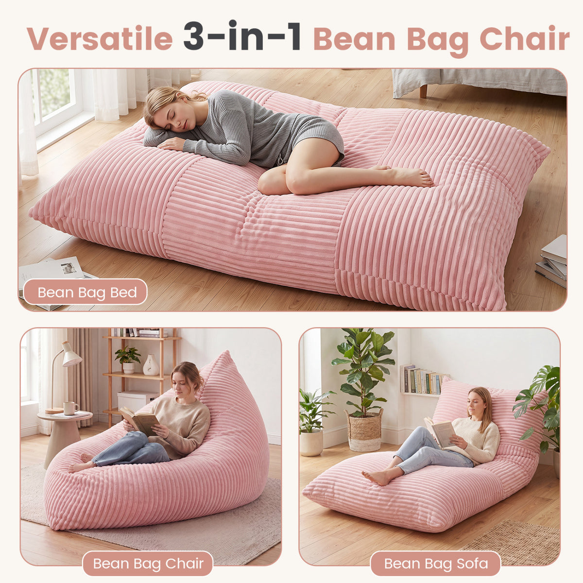 3-in-1 Large Bean Bag Chair with Comfy Corduroy Fabric