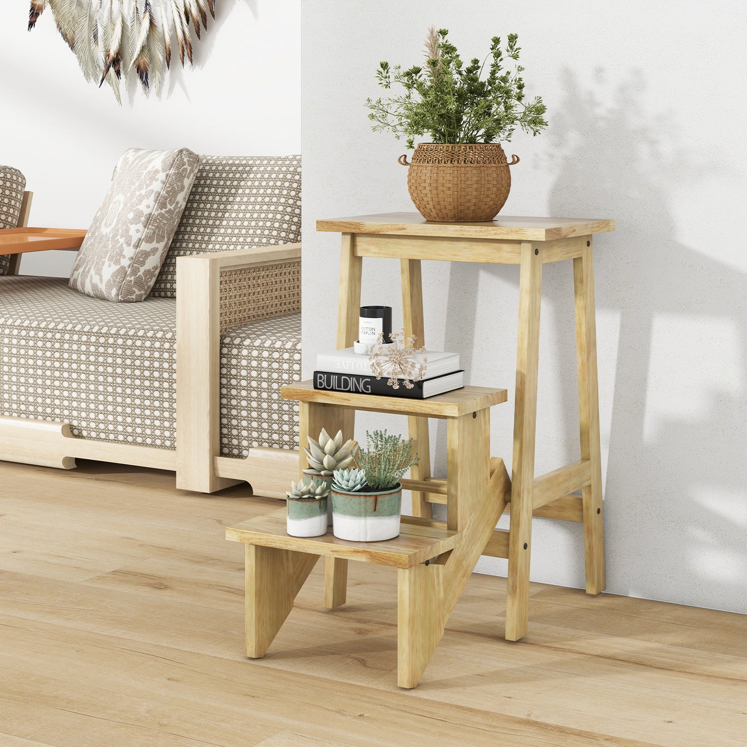 3-in-1 Rubber Wood Step Stool with Convenient Handle