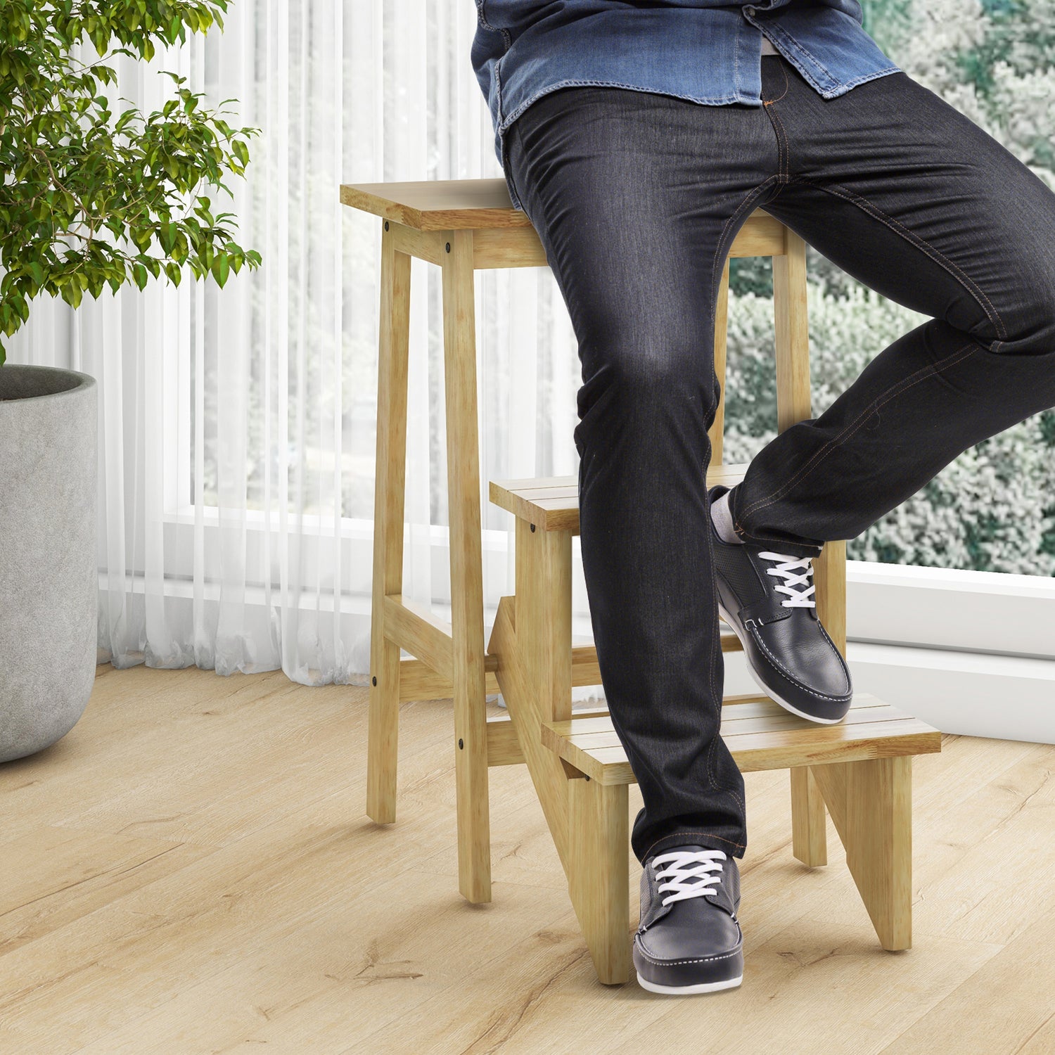 3-in-1 Rubber Wood Step Stool with Convenient Handle