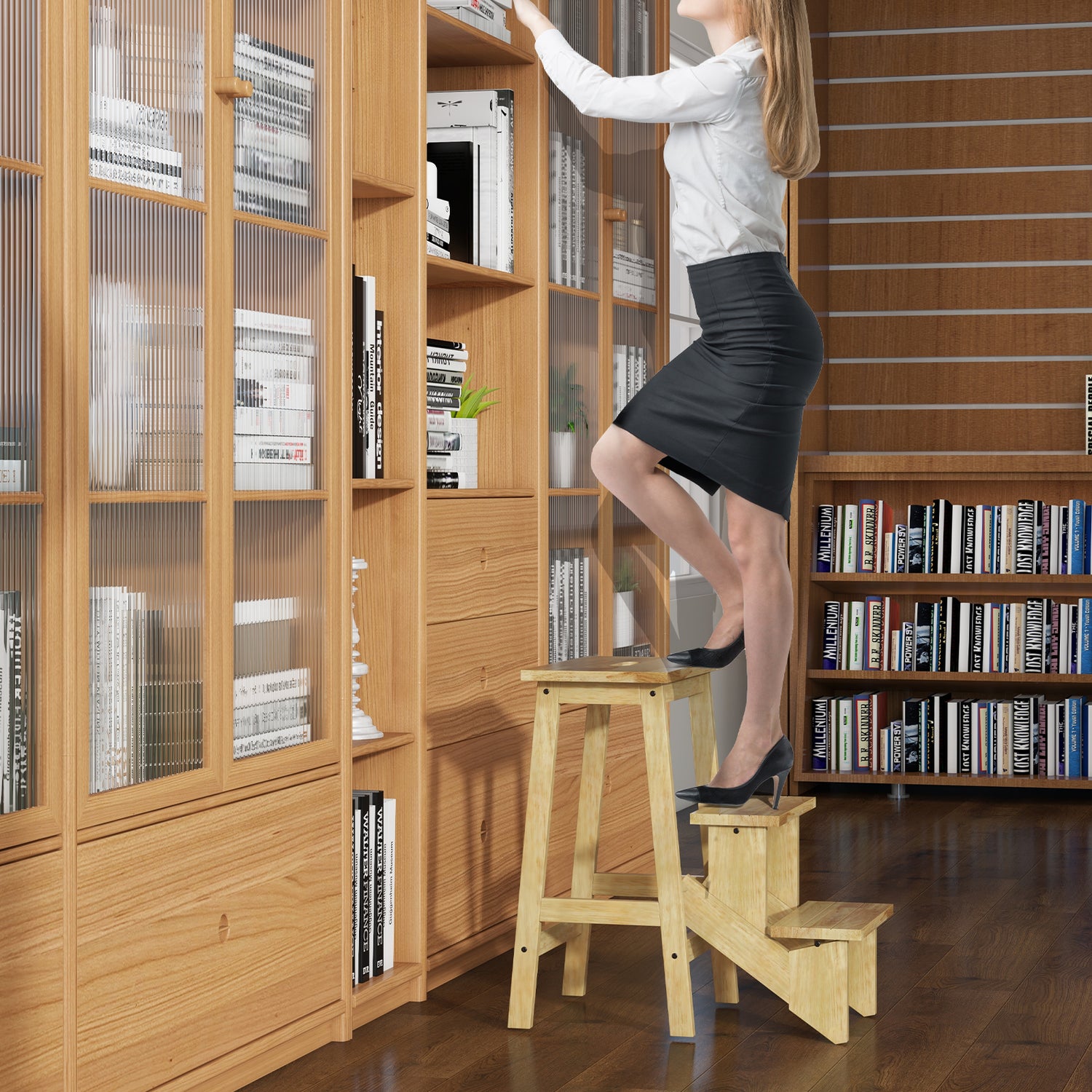 3-in-1 Rubber Wood Step Stool with Convenient Handle