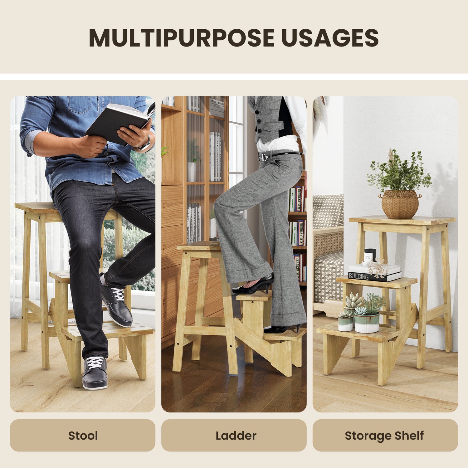 3-in-1 Rubber Wood Step Stool with Convenient Handle