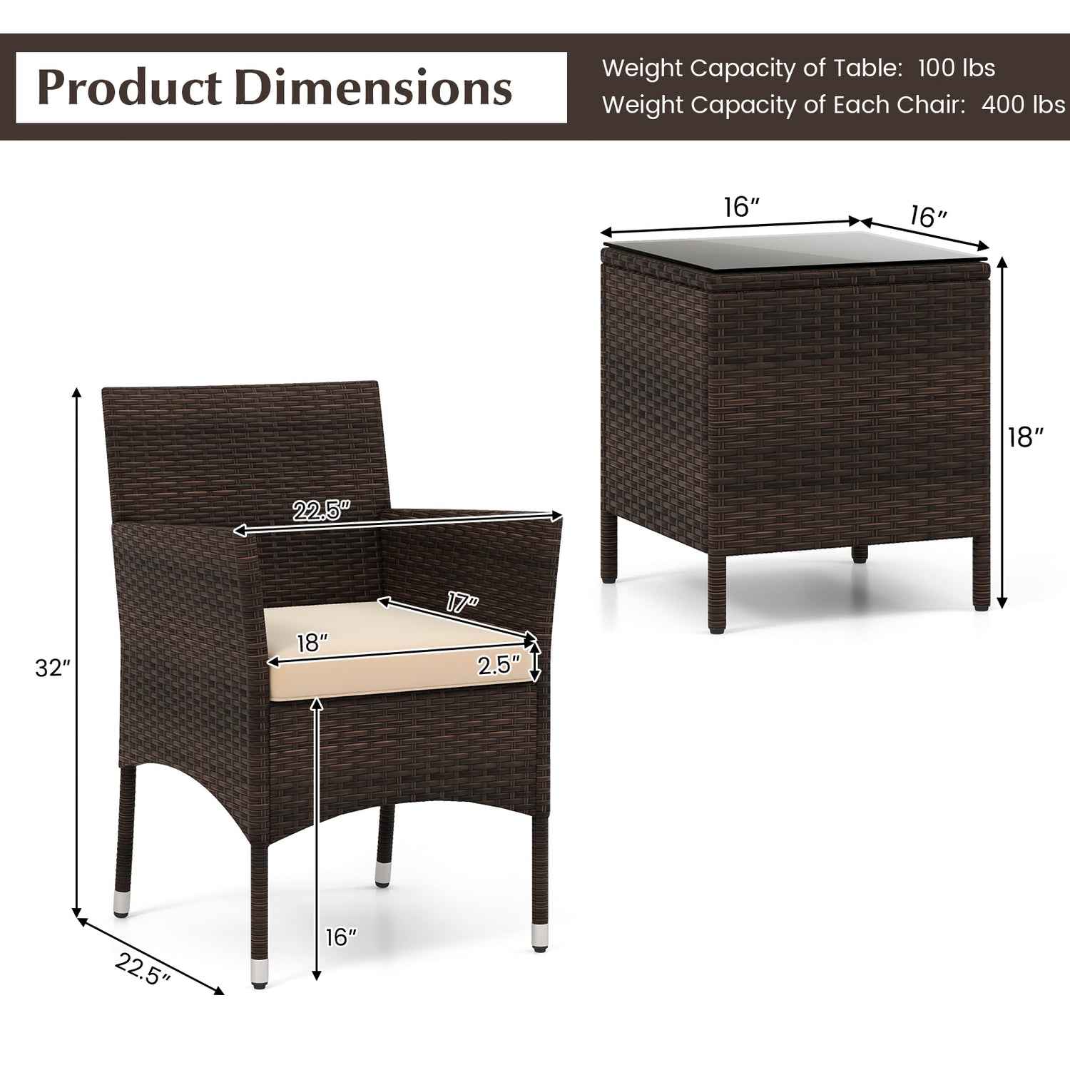 3 Pieces Outdoor Conversation Set with Cushioned Seat and Glass Tabletop