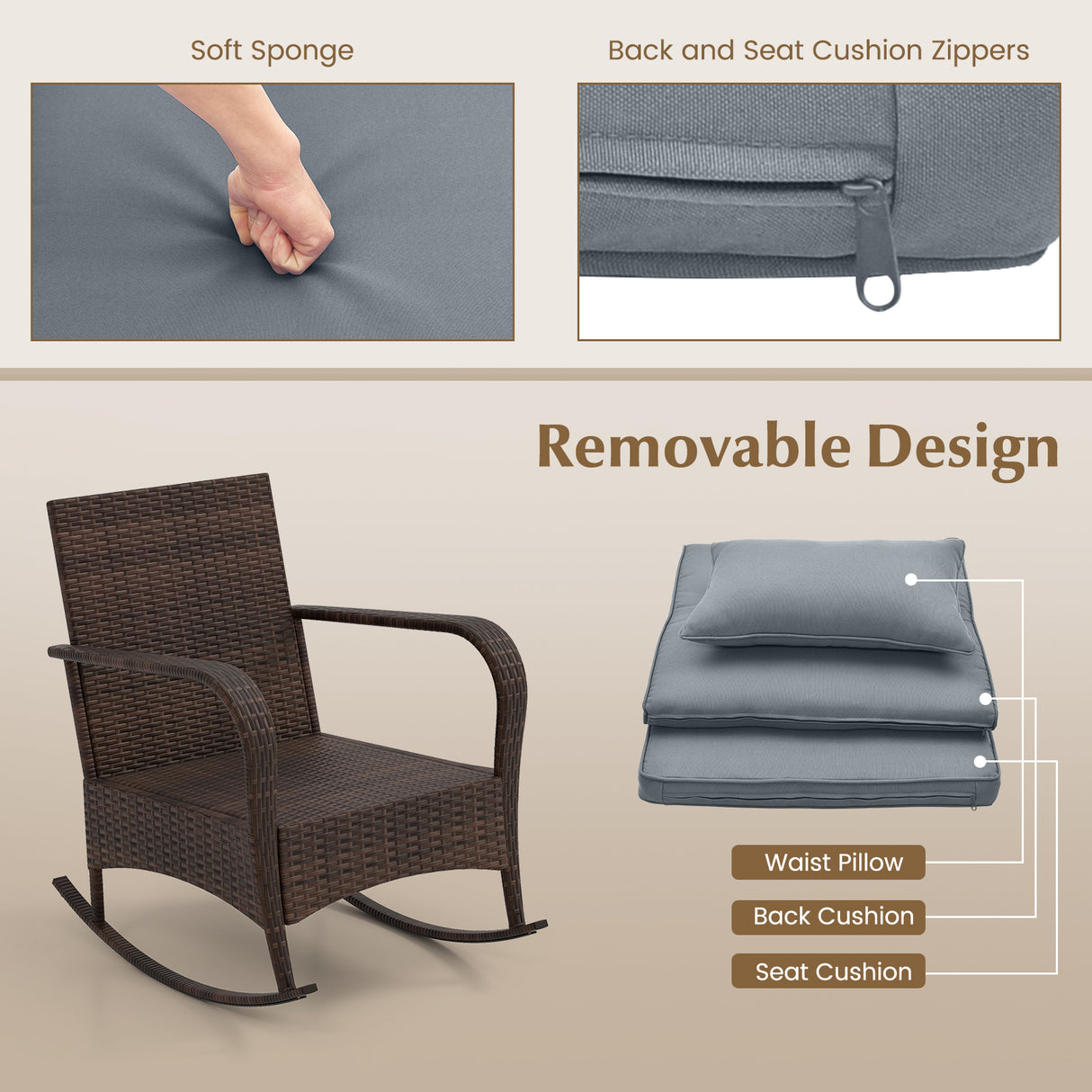 3 Piece Outdoor Rocking Set with Tempered Glass Coffee Table for Backyard Poolside