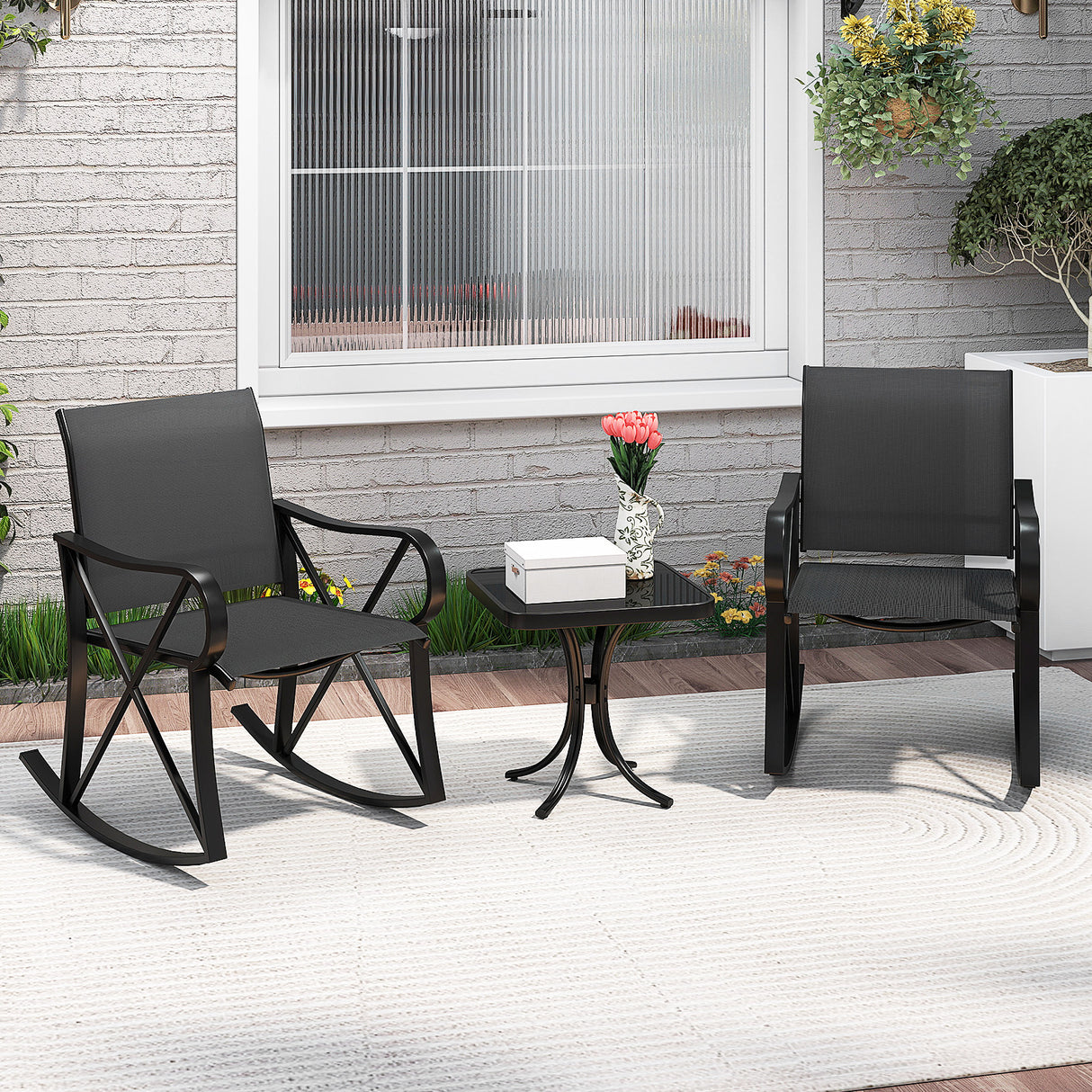 3 Piece Patio Rocking Set with Smooth Rocking Motion Outdoor Rocker Chair Bistro Set