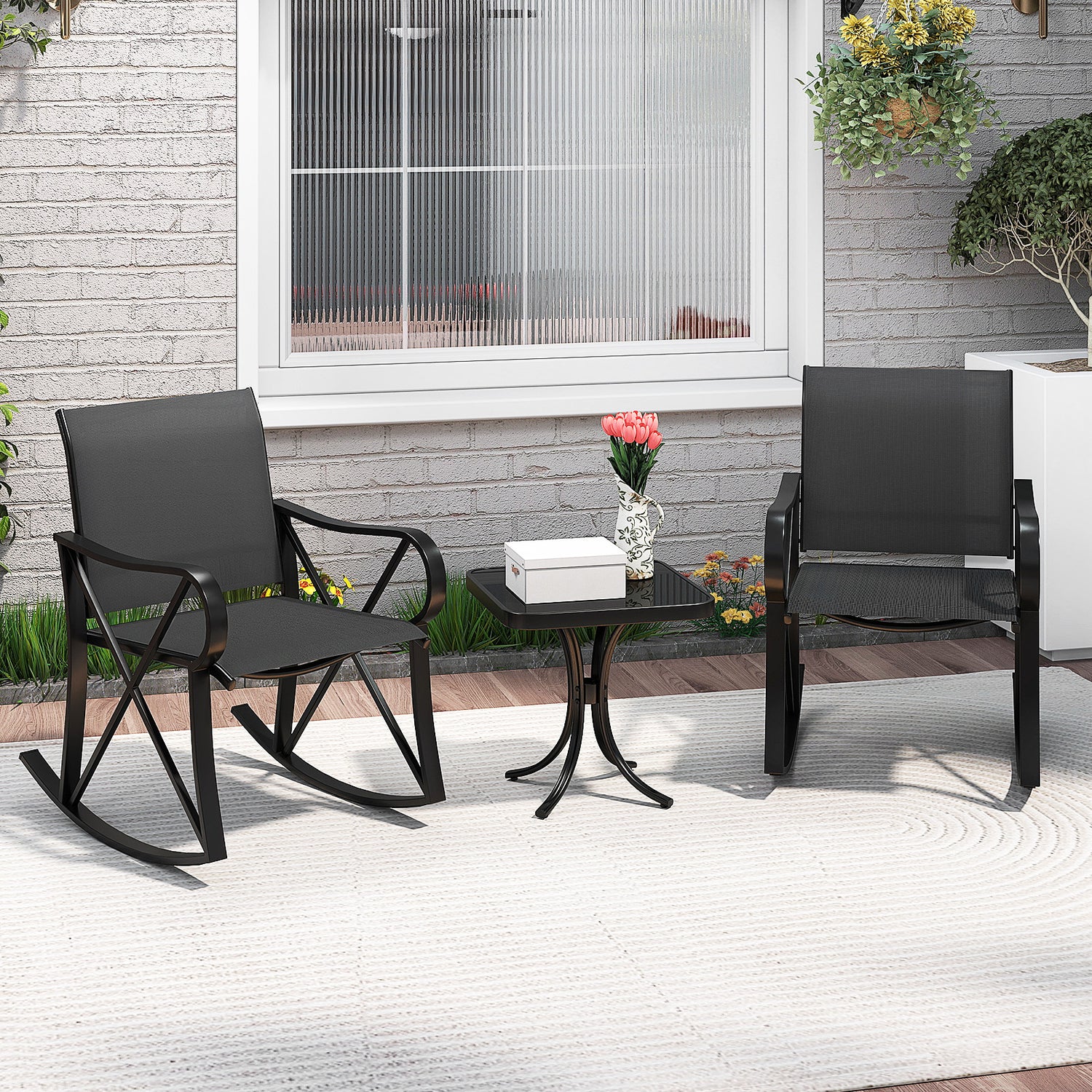 3 Piece Patio Rocking Set with Smooth Rocking Motion Outdoor Rocker Chair Bistro Set