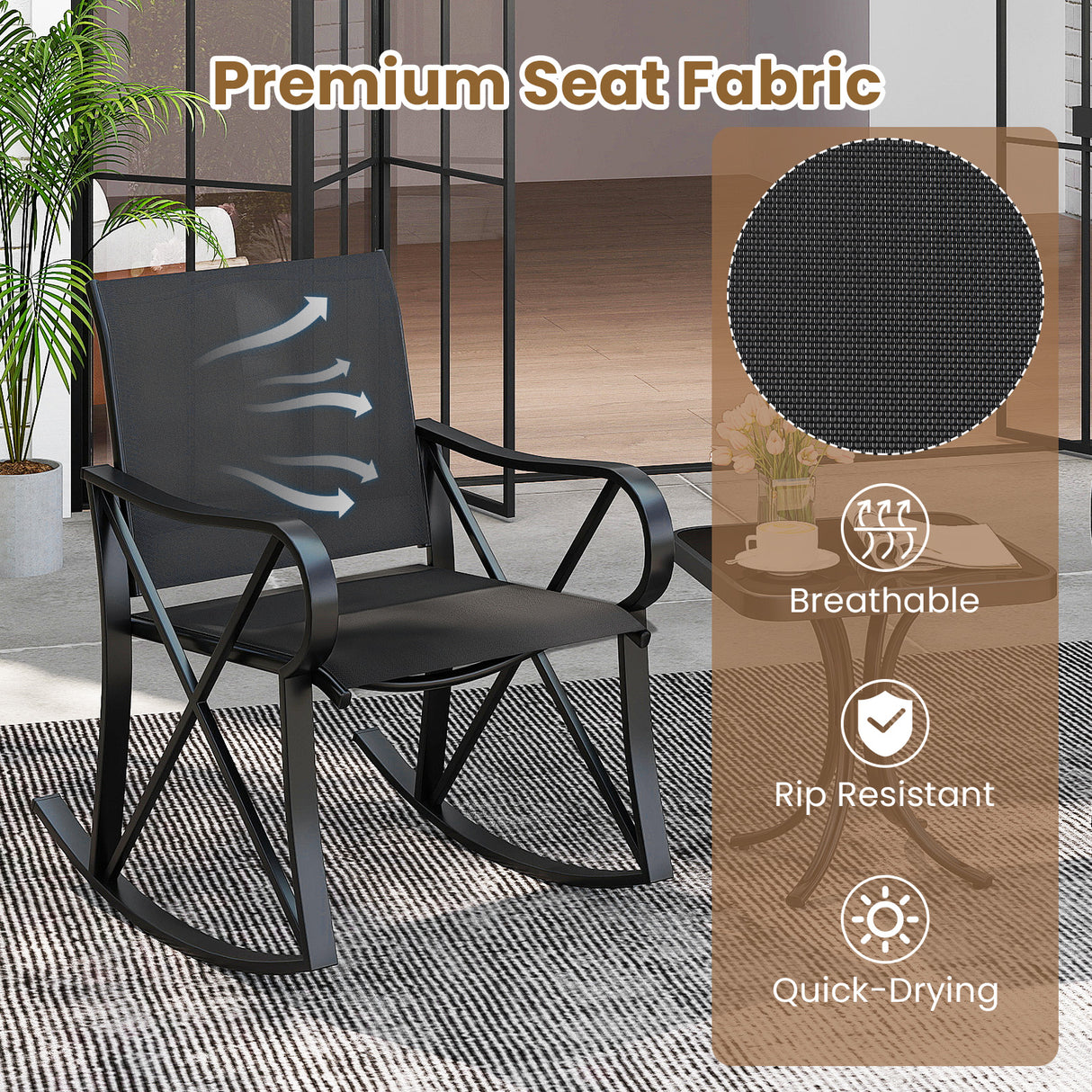 3 Piece Patio Rocking Set with Smooth Rocking Motion Outdoor Rocker Chair Bistro Set