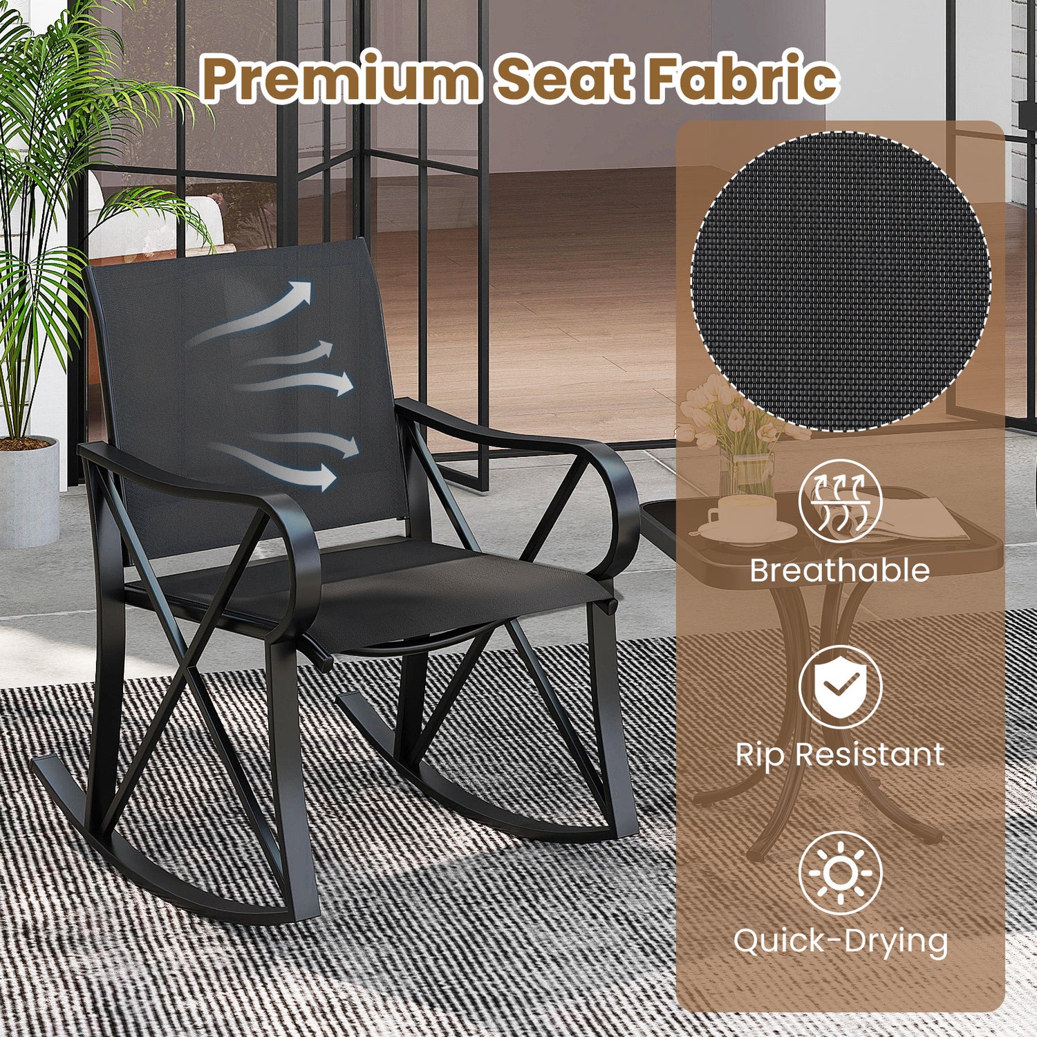 3 Piece Patio Rocking Set with Smooth Rocking Motion Outdoor Rocker Chair Bistro Set