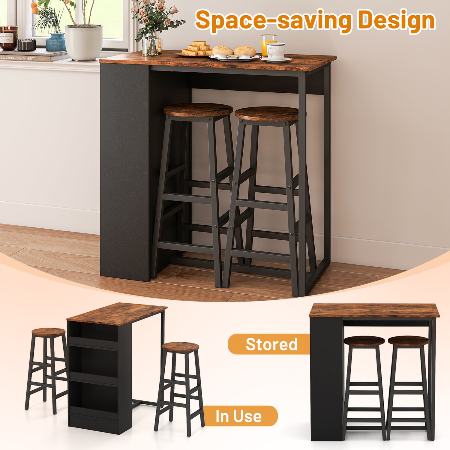 3 Pieces Bar Table Set with Storage