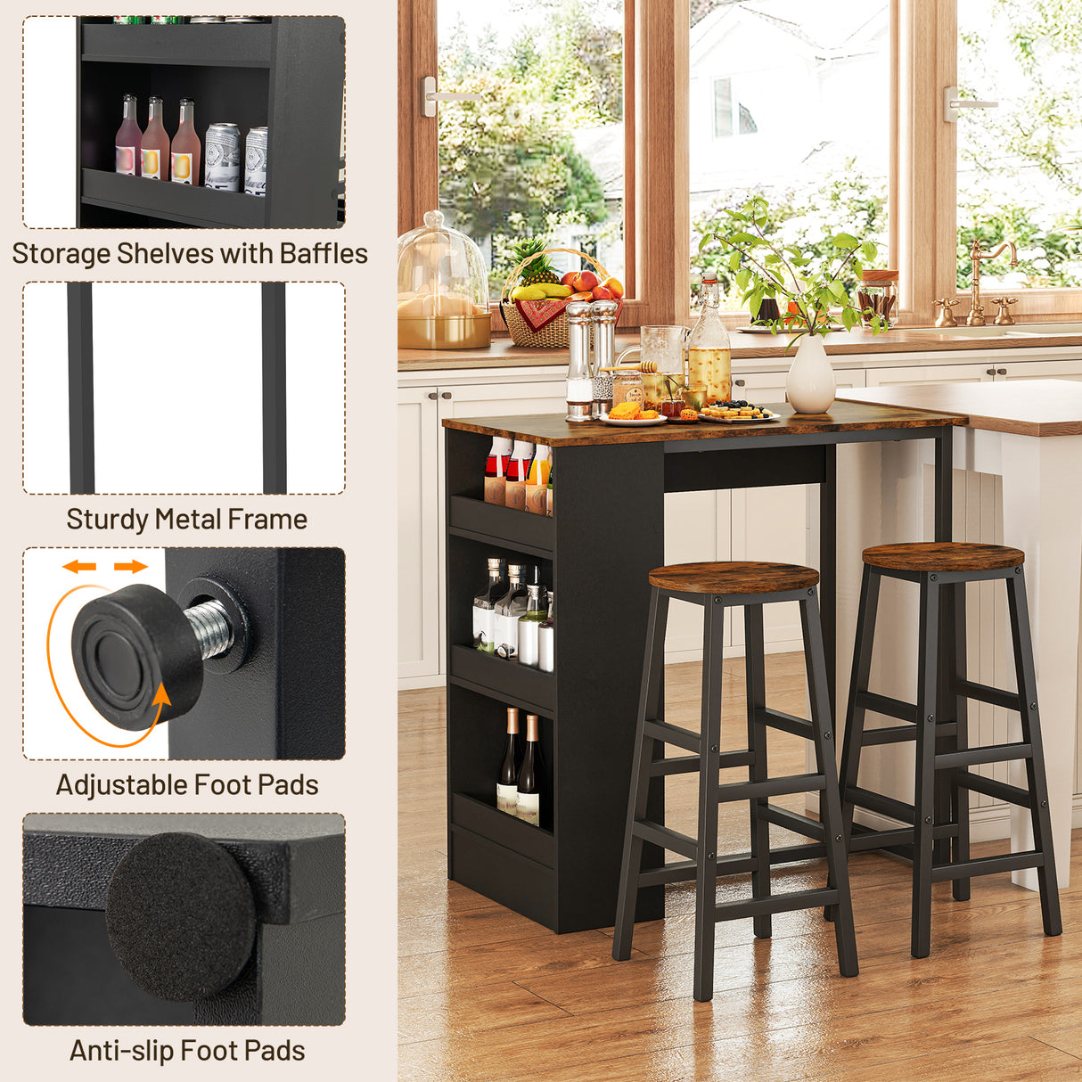 3 Pieces Bar Table Set with Storage