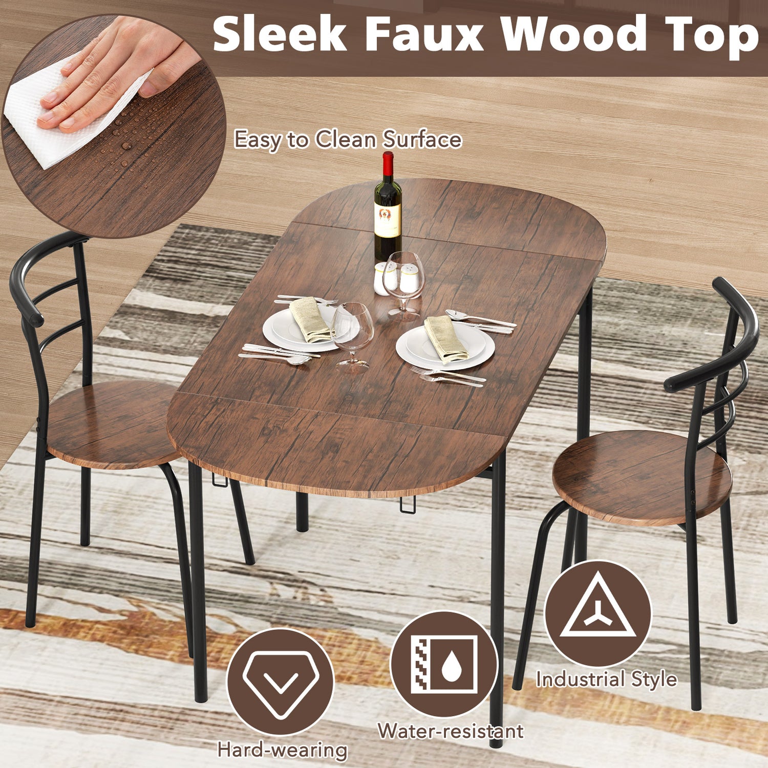 3 Pieces Dining Set with 2 Chairs and Modern Kitchen Table for Small Space-Brown