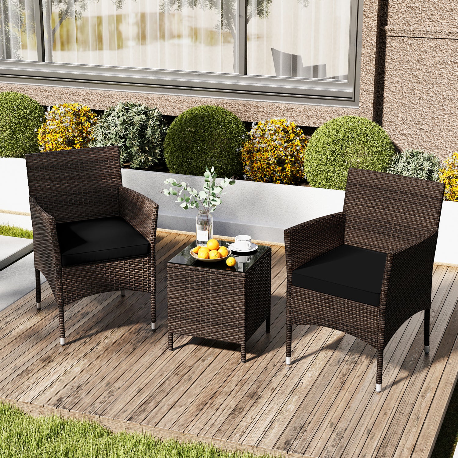 3 Pieces Outdoor Conversation Set with Cushioned Seat and Glass Tabletop