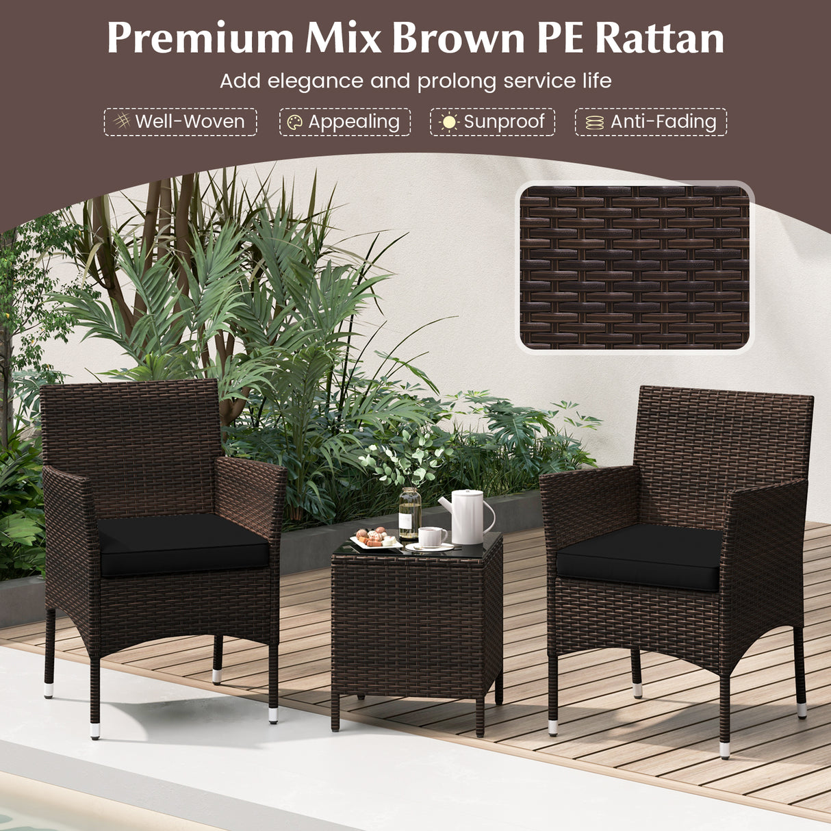3 Pieces Outdoor Conversation Set with Cushioned Seat and Glass Tabletop