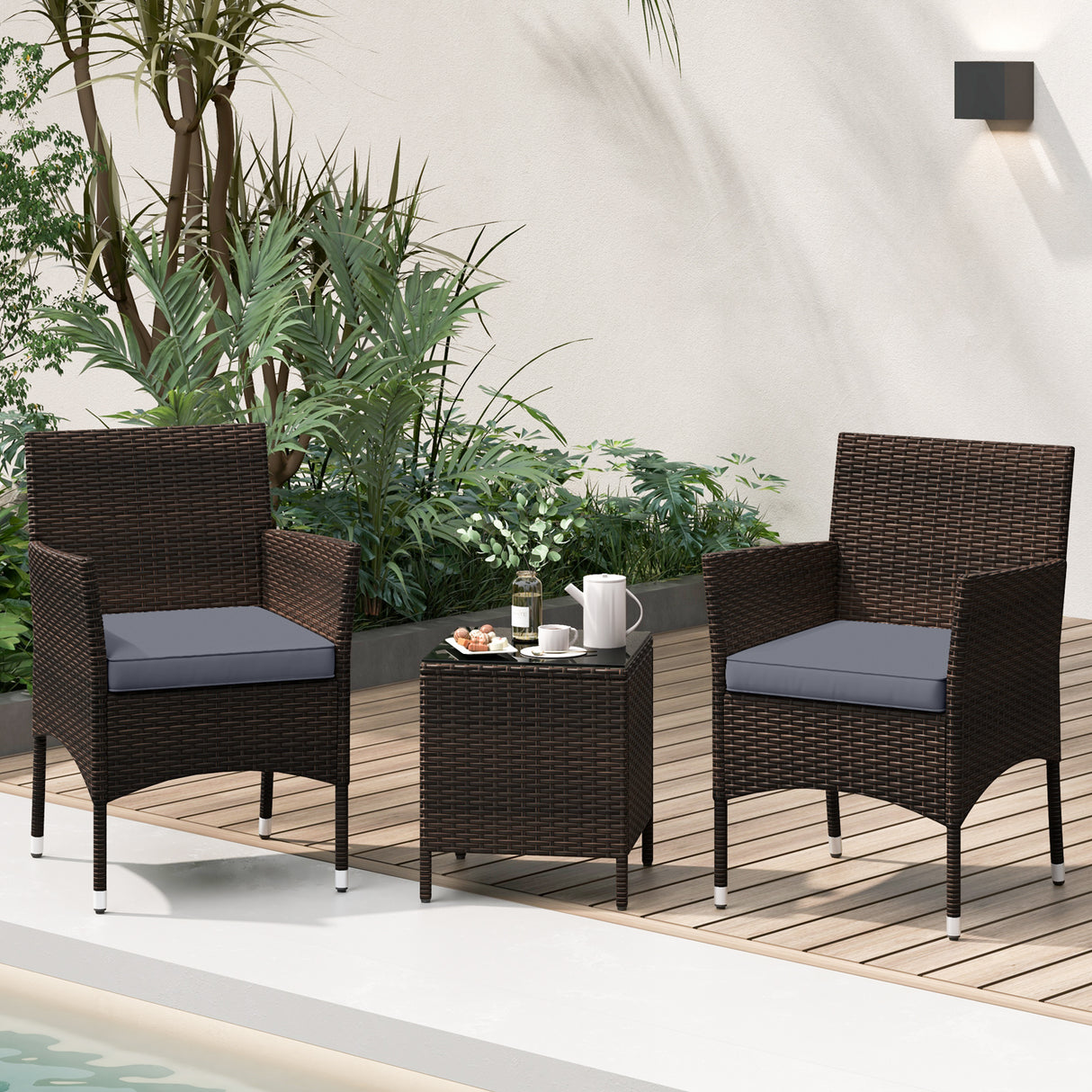 3 Pieces Outdoor Conversation Set with Cushioned Seat and Glass Tabletop