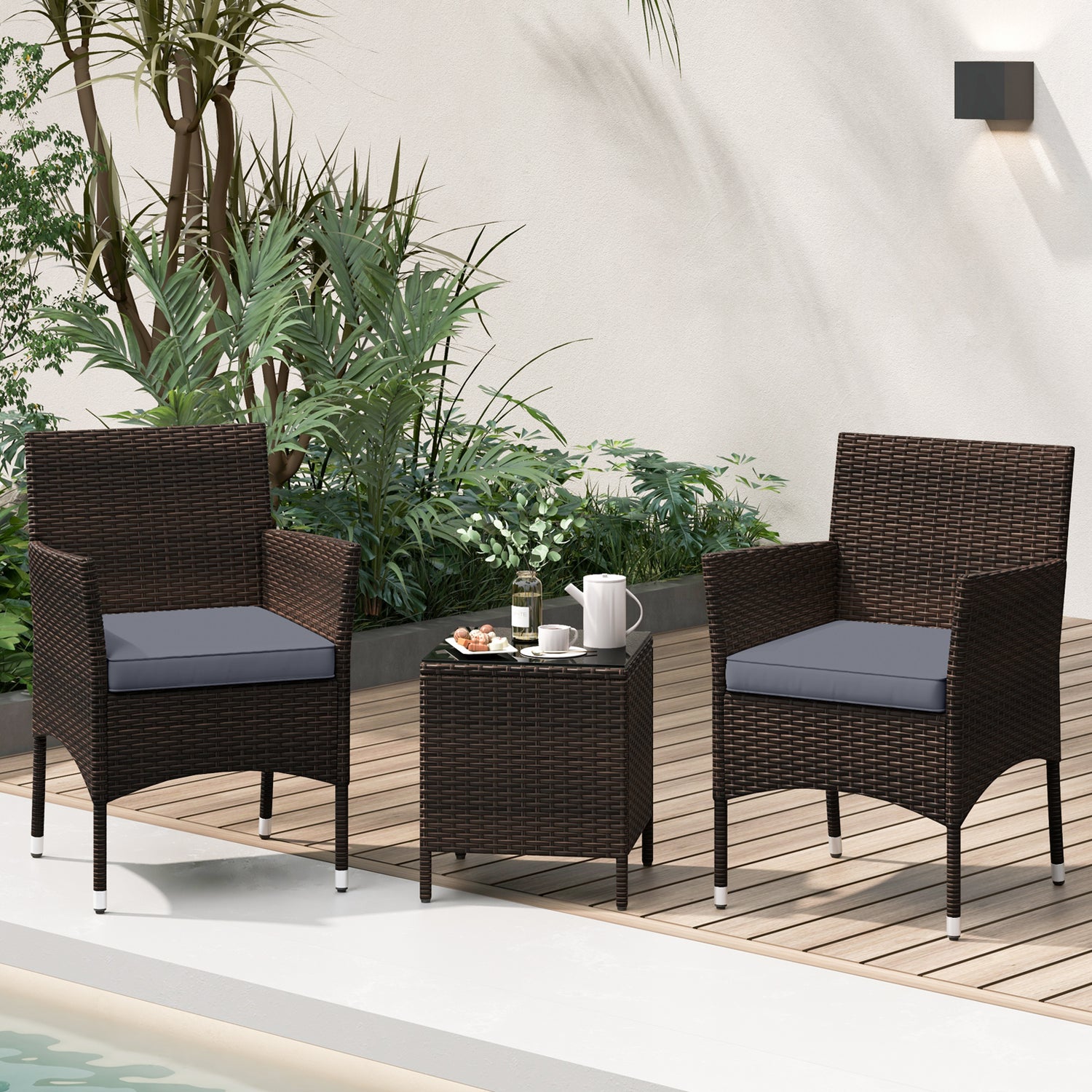 3 Pieces Outdoor Conversation Set with Cushioned Seat and Glass Tabletop