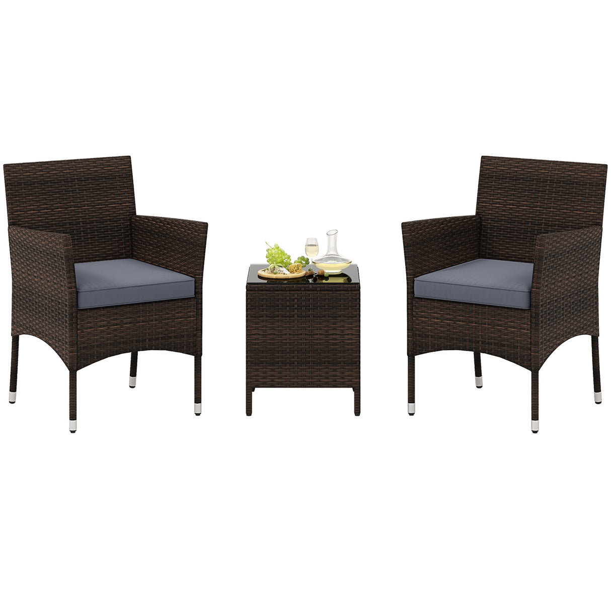 3 Pieces Outdoor Conversation Set with Cushioned Seat and Glass Tabletop