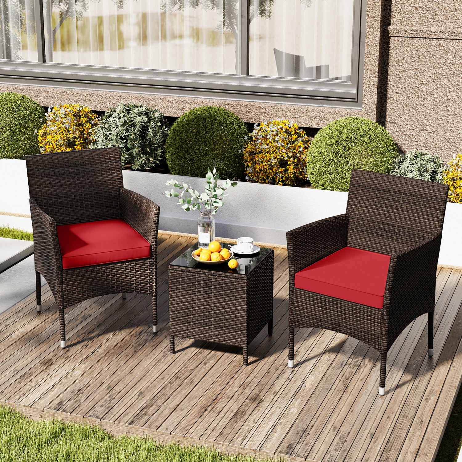 3 Pieces Outdoor Conversation Set with Cushioned Seat and Glass Tabletop