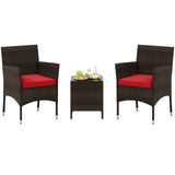 3 Pieces Outdoor Conversation Set with Cushioned Seat and Glass Tabletop