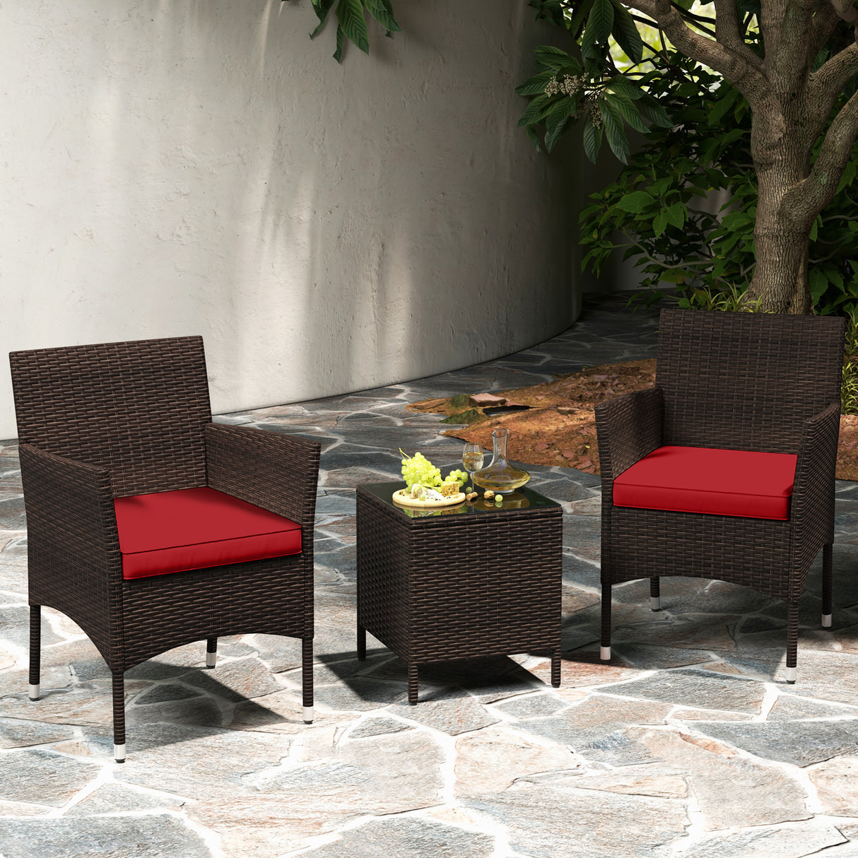 3 Pieces Outdoor Conversation Set with Cushioned Seat and Glass Tabletop