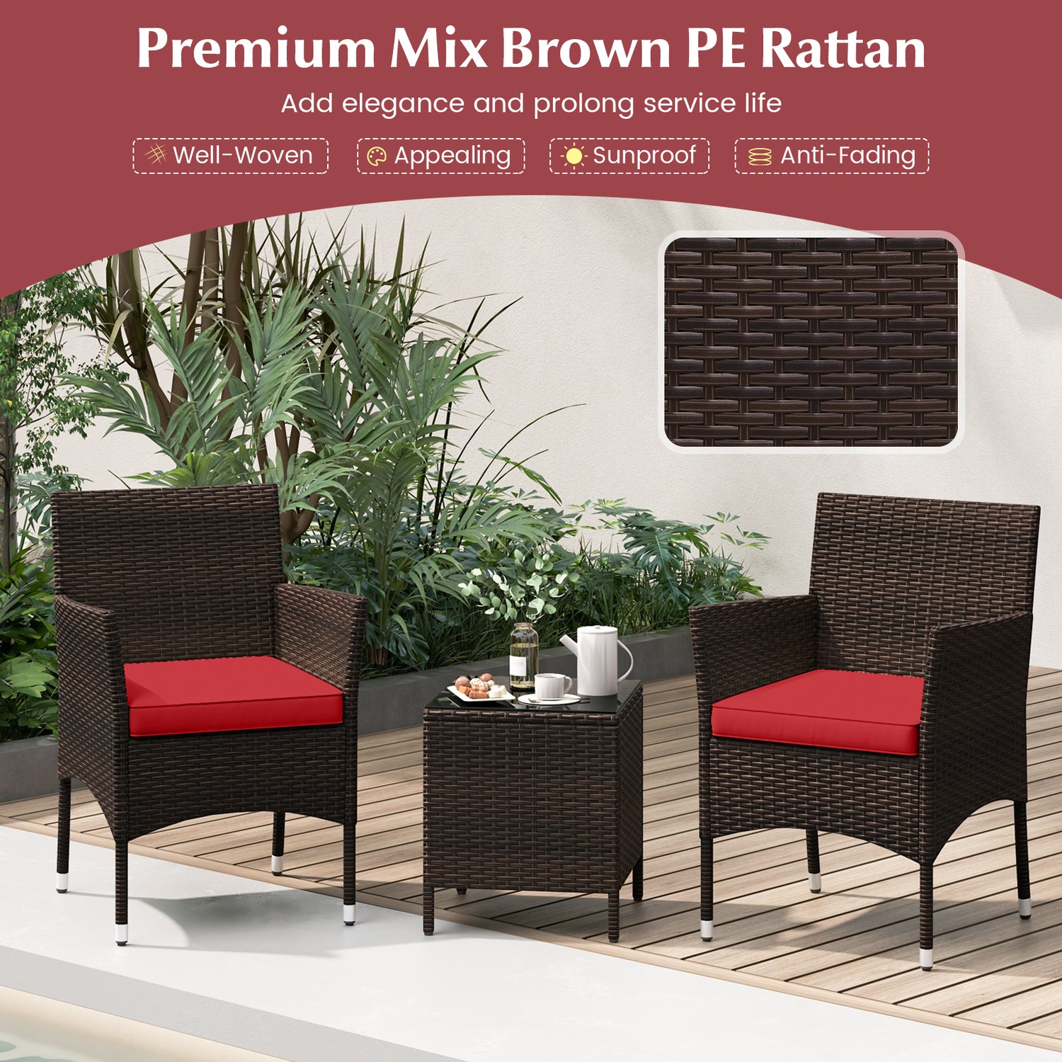3 Pieces Outdoor Conversation Set with Cushioned Seat and Glass Tabletop