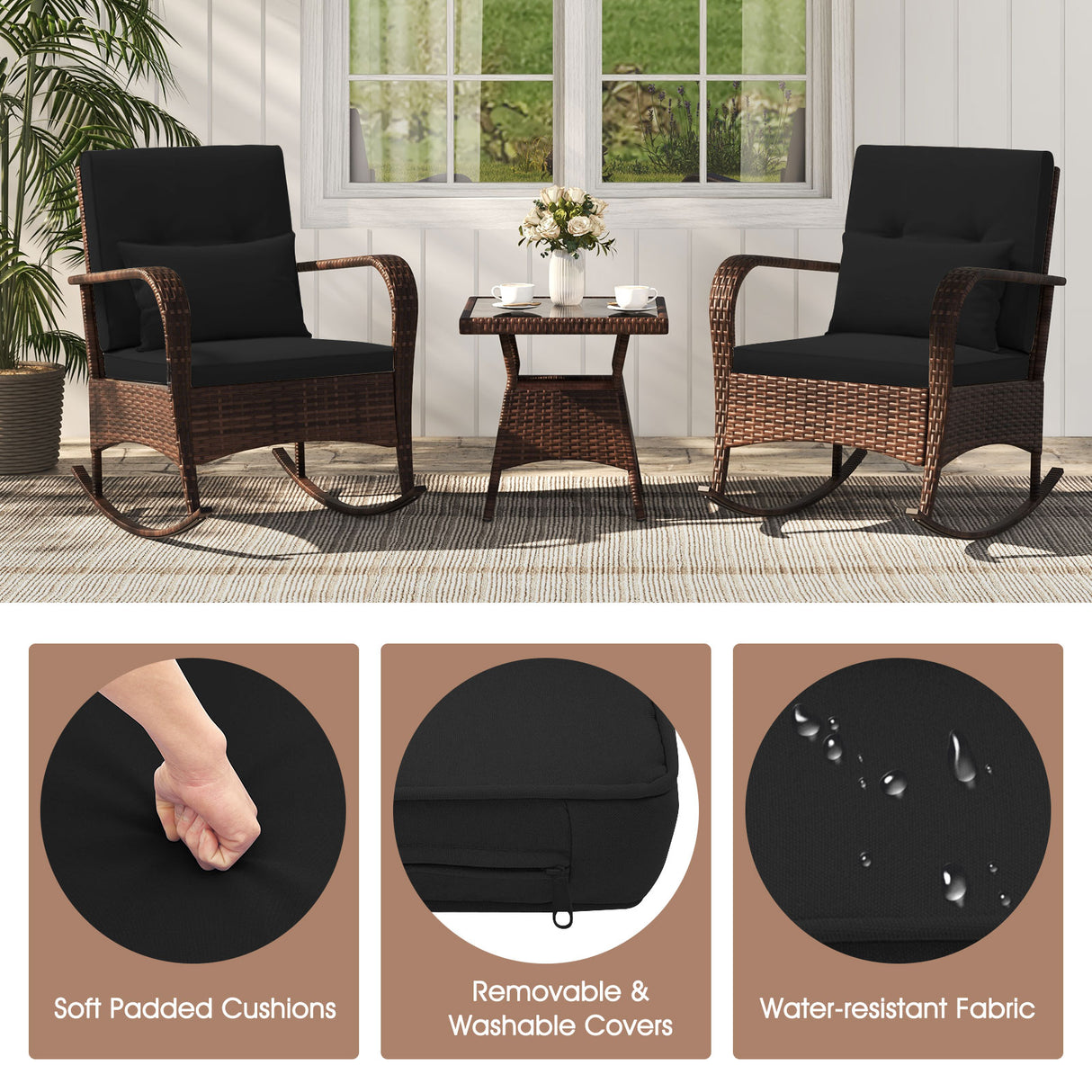 3 Piece Outdoor Rocking Set with Tempered Glass Coffee Table for Backyard Poolside