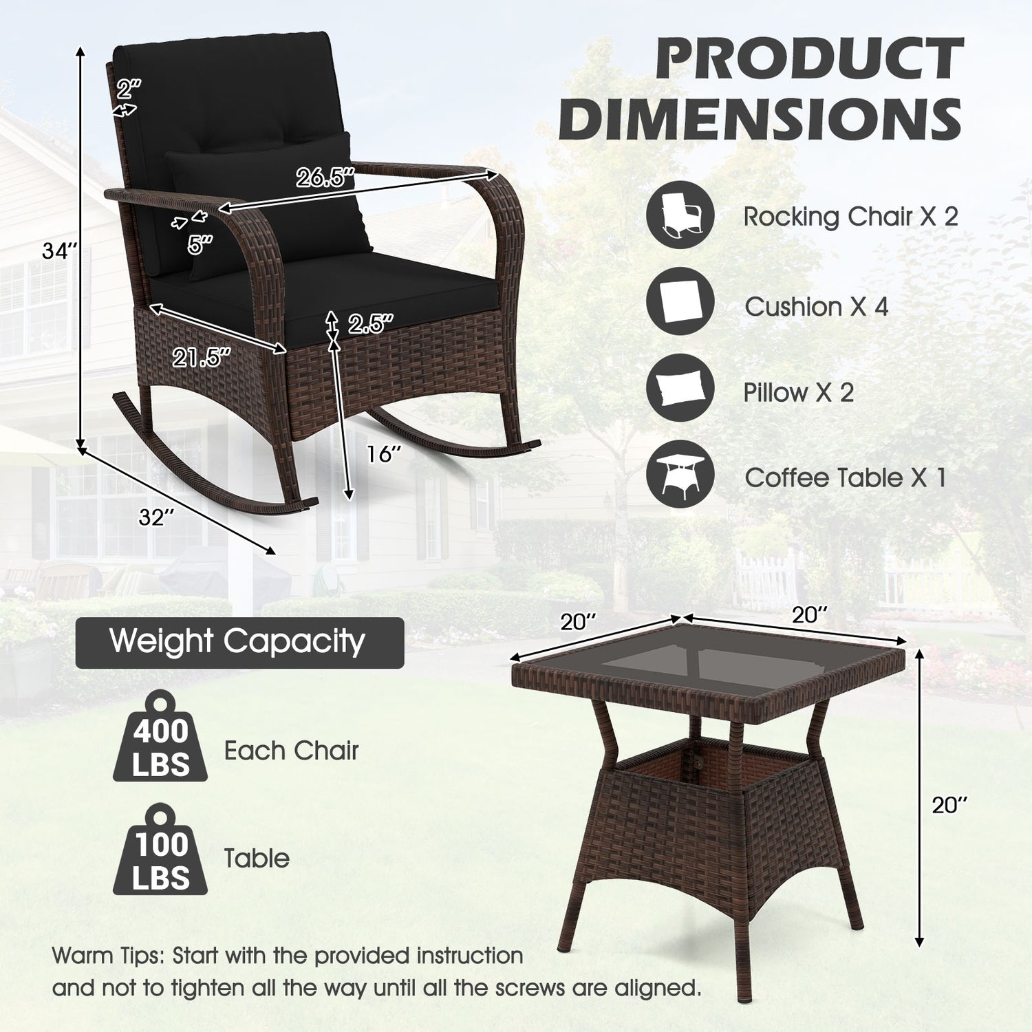 3 Piece Outdoor Rocking Set with Tempered Glass Coffee Table for Backyard Poolside
