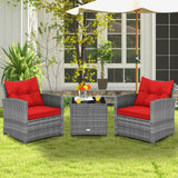 3 Pieces Outdoor Wicker Conversation Set with Tempered Glass Tabletop