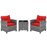 3 Pieces Outdoor Wicker Conversation Set with Tempered Glass Tabletop