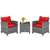 3 Pieces Outdoor Wicker Conversation Set with Tempered Glass Tabletop