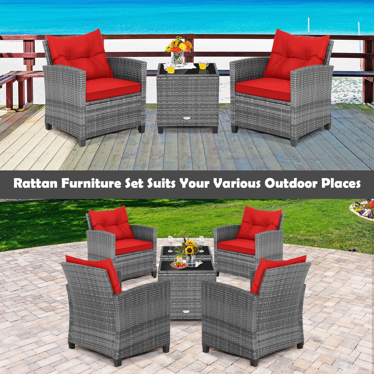 3 Pieces Outdoor Wicker Conversation Set with Tempered Glass Tabletop