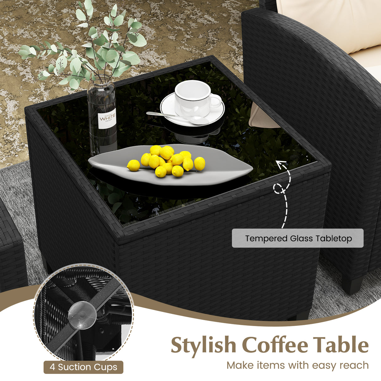 3 Pieces Patio Furniture Set with Tempered Glass Coffee Table