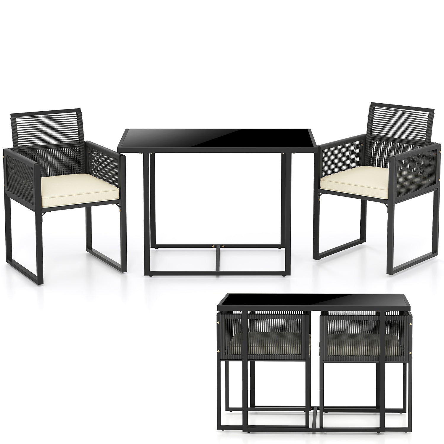 3 Pieces Patio Tempered Glass Top Table and Chairs Set for Porch Backyard-White