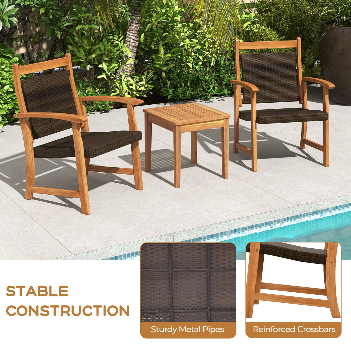 3 Pieces Rattan Bistro Set with Acacia Wood Frame for Garden