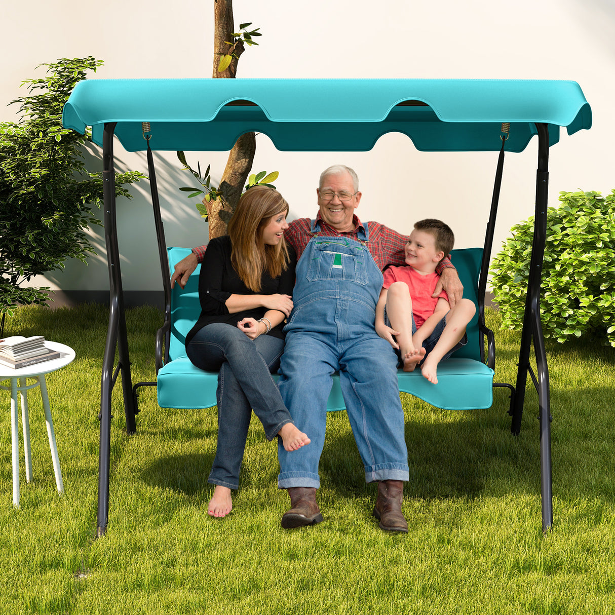 3 Seat Outdoor Patio Canopy Swing with Cushioned Steel Frame