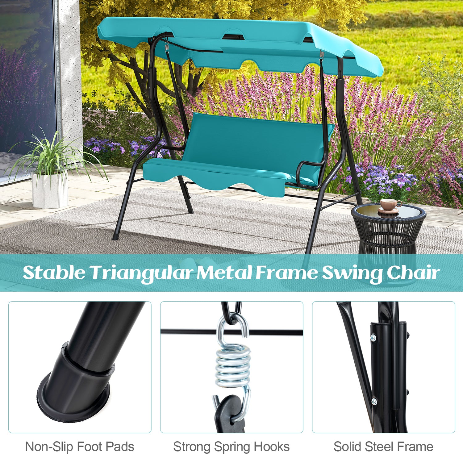 3 Seat Outdoor Patio Canopy Swing with Cushioned Steel Frame