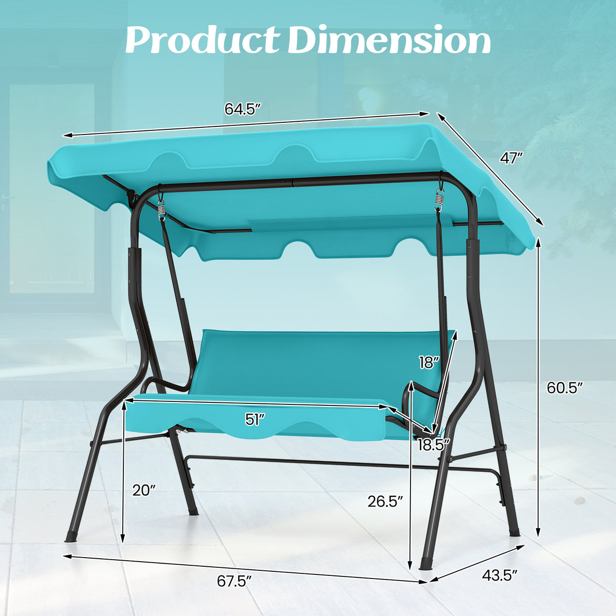 3 Seat Outdoor Patio Canopy Swing with Cushioned Steel Frame
