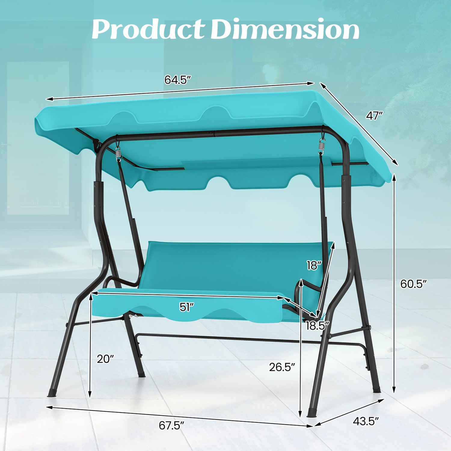 3 Seat Outdoor Patio Canopy Swing with Cushioned Steel Frame