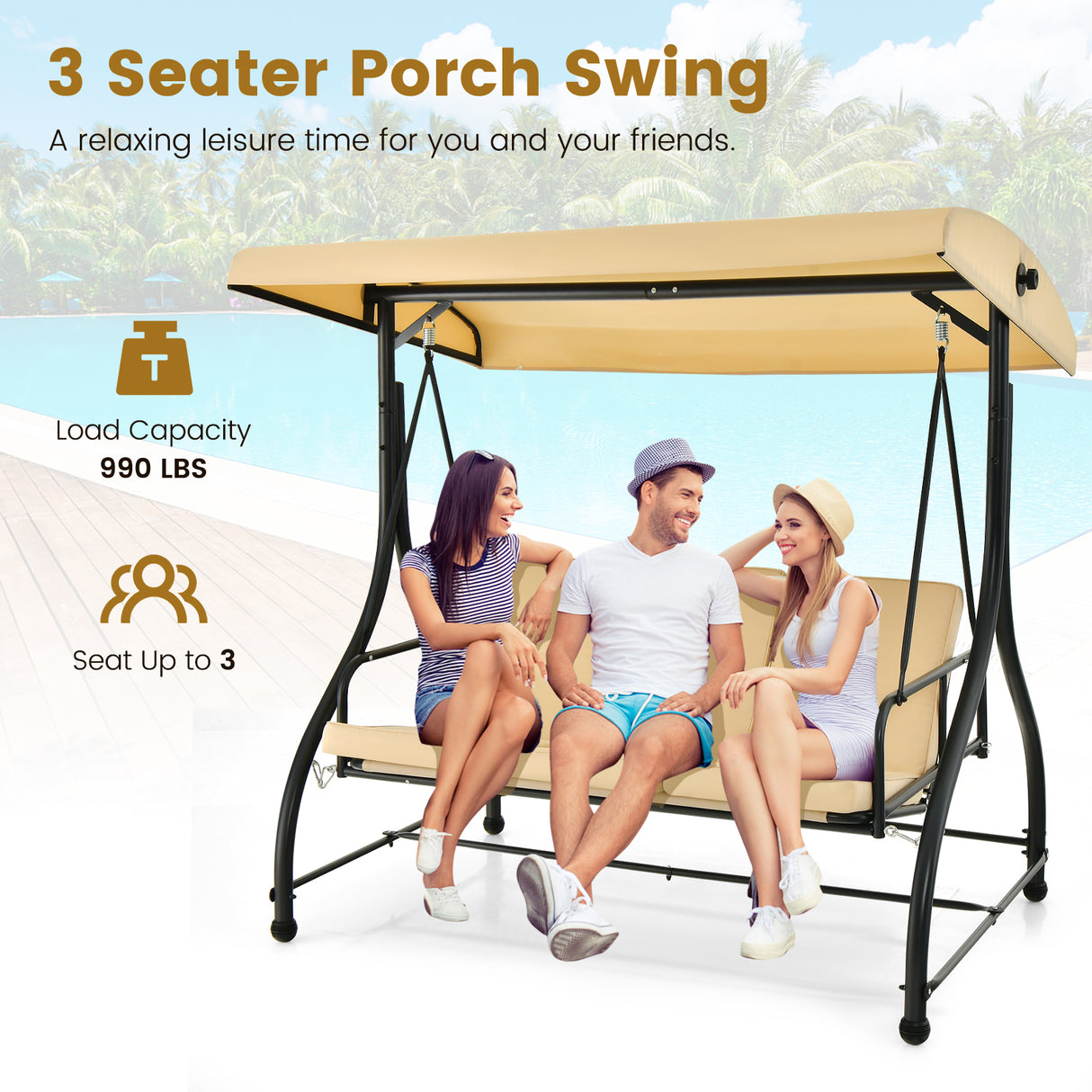 3 Seat Outdoor Porch Swing with Adjustable Canopy