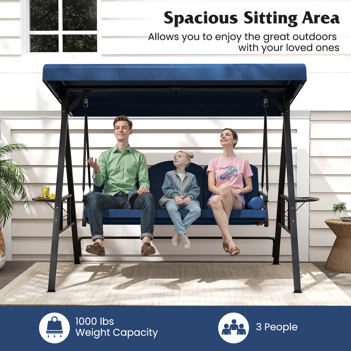 3-Seat Patio Swing Chair Porch Swing with Adjustable Canopy Thickened Cushions Pillow and Foldable Side Trays