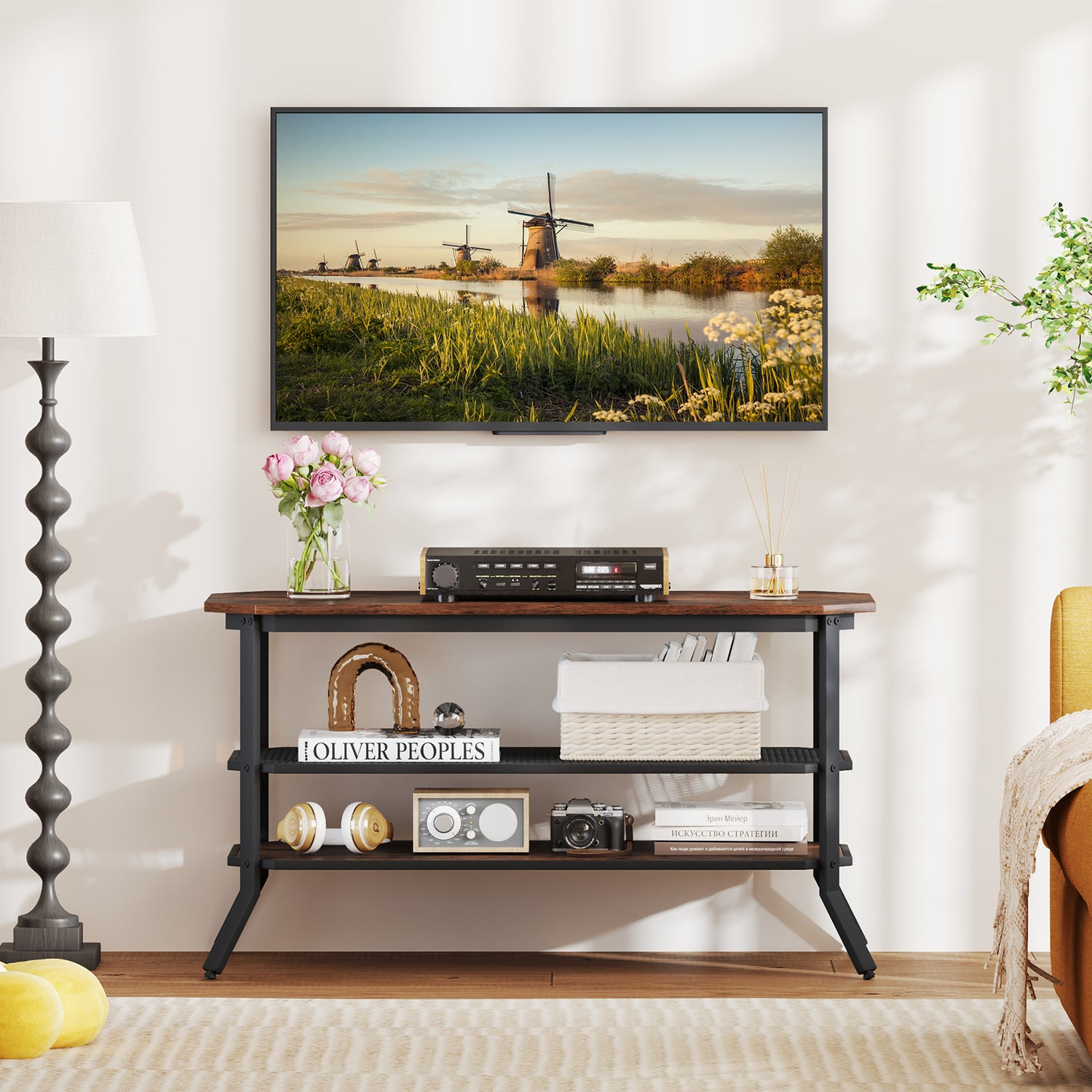 3-tier Console Table TV Stand with Mesh Storage Shelf-Rustic Brown